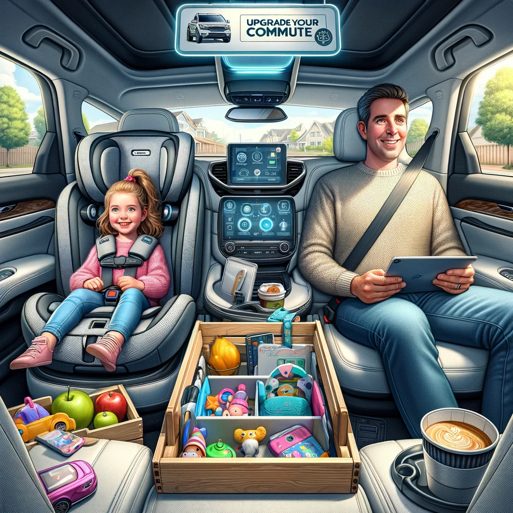 Luxurious car interior with ergonomic seat cushions, sleek organizers, and a charging station. Overlay text reads 'Revolutionize Your Commute.